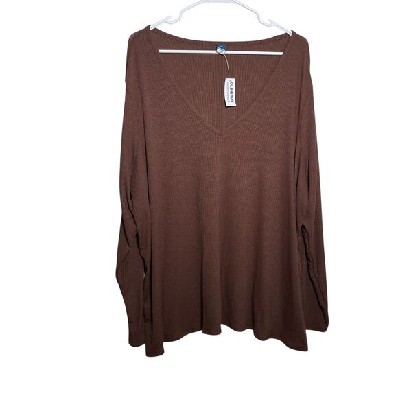 Old Navy T-Shirt Women's XXL Brown Thermal V-Neck Long Sleeve Basic NWT - Picture 1 of 9